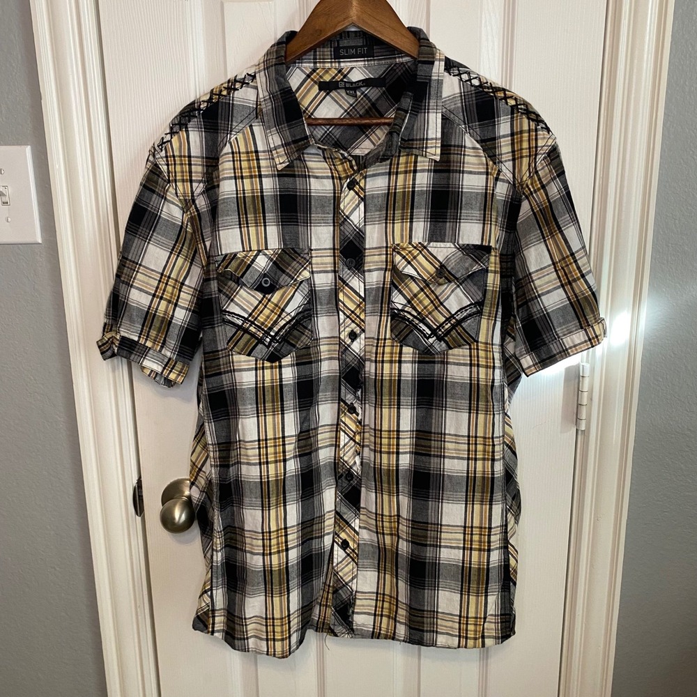 CJ BLACK Button Up Shirt‎ Men's XXL Slim Fit Plaid Short Sleeve Yellow Black